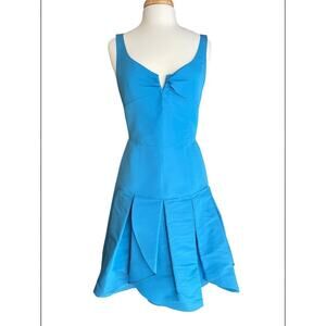 Oscar de la Renta Silk Cocktail Dress Azure Blue Pleated Designer Dress Size 12